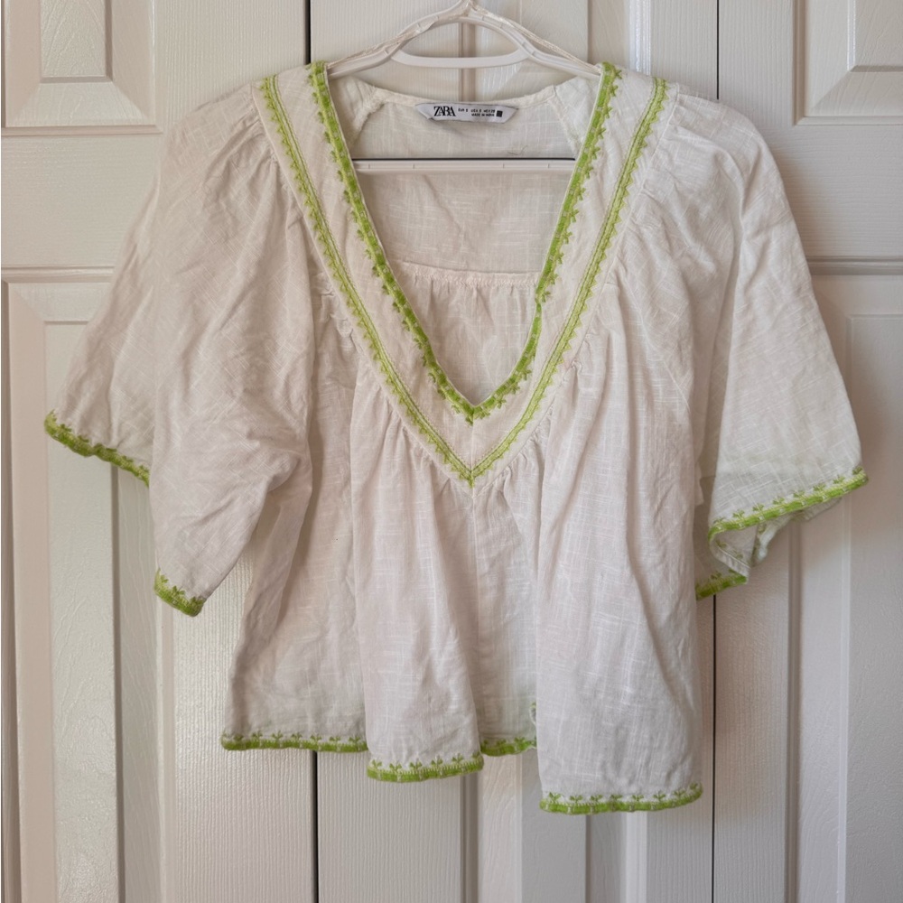 Zara White Blouse with Green Embroidery